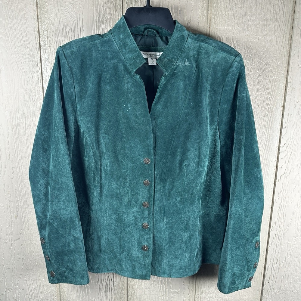 Coldwater Creek Emerald Green Suede Leather Jacket Petite Large Floral Buttons